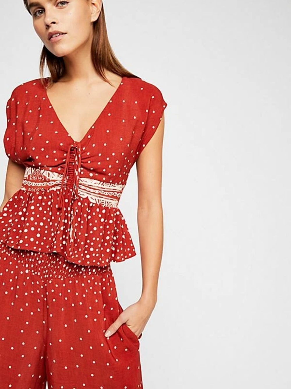Women’s  Free People Red Polka Dot Peplum Tie-Front Top